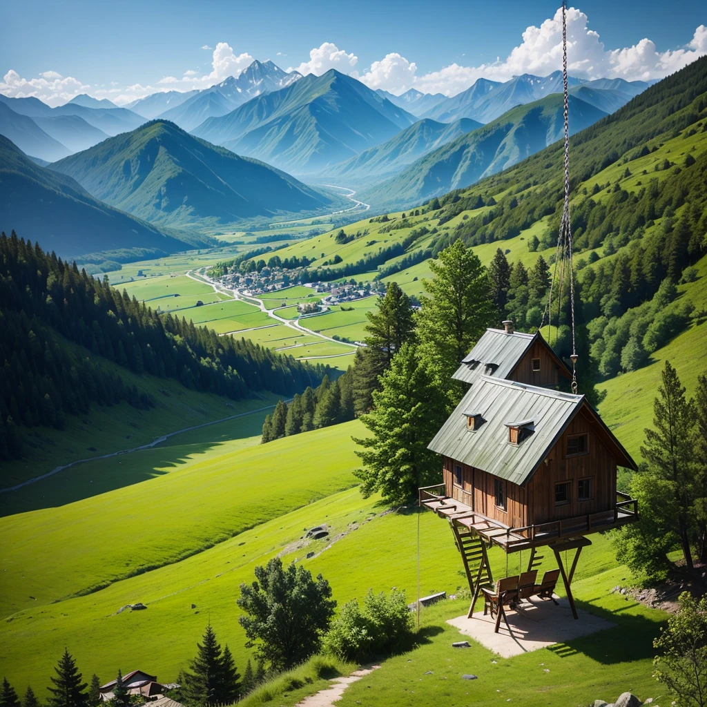 A swing in a mountains, an abandon beautiful wooden house, lush green meadows,