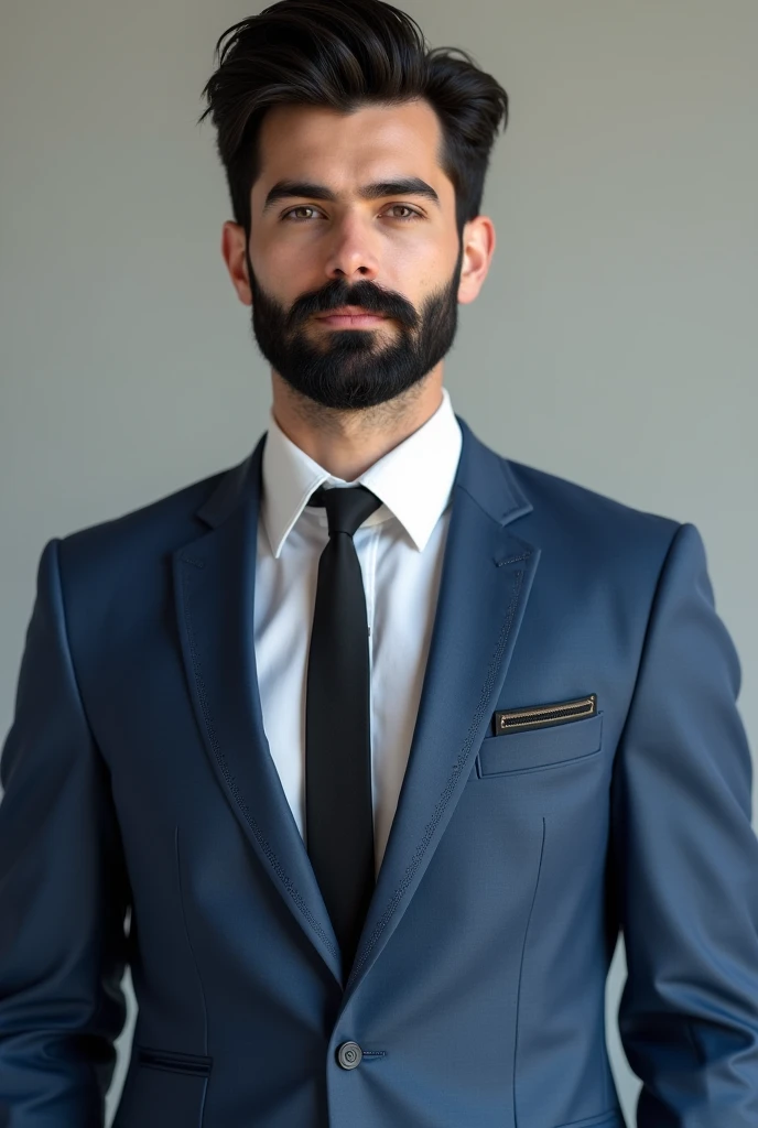 A young man with a black beard,wearing blue suit,black tine dots on the suit,a white shirt and Black tie