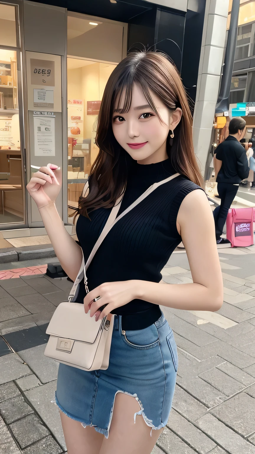 Tabletop, Highest quality, figure, Very detailed, In detail, High resolution, 8k wallpaper, Perfect dynamic composition, Beautiful attention to detail, (Paisura with bag strap 1.2),Medium Hair,  Natural color lip, Random sexy poses,smile,Aoyama Street Walk、2 