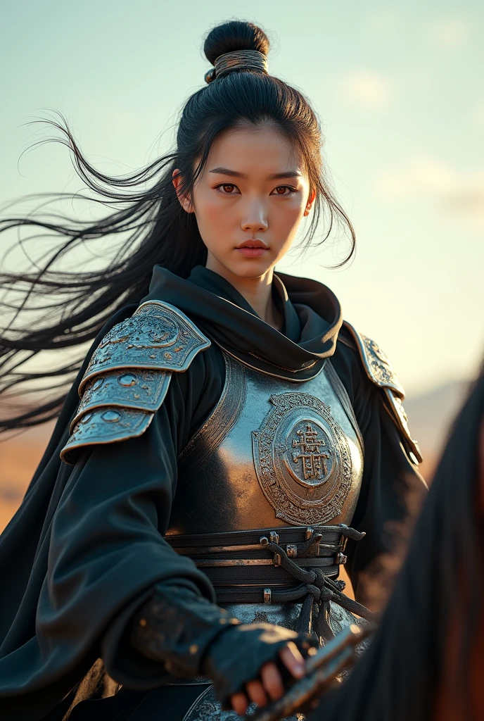 (masterpiece, best quality, beauty, best ratio, best shadoes) uhd, china female kungfu, korean beauty like tae yon, her face and whole body visible, shining red eyes,, windblown short
hair, wear black silk hoody, silver general full armor suit, left hand holding china big emperor sword with emperor emblem and shield, riding on the war horse, with war horse seen from far. Bright sky, side light, uhd. use the RenderMan renderer.digital art. High definition, high contrast, high color saturation,128k,cinematic lighting, intricate,cinematic lens, advertising photograph,ultra detail.dslr,Wallpaper size
