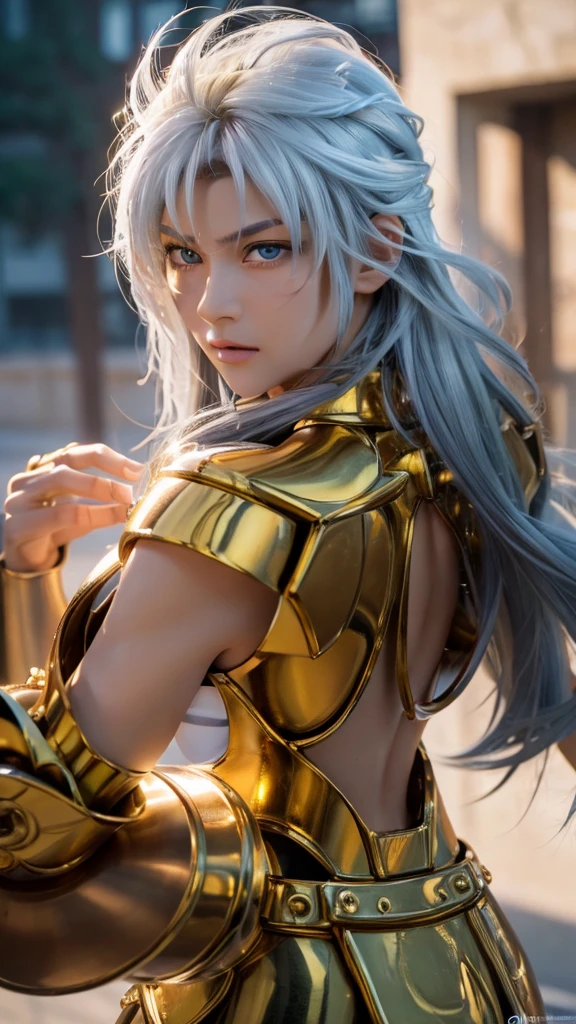 (((1man))) a hyper realistic ultra detailed photograph of a handsome photorealistic shaka at agreek ruins background, tattered Gemini gold half shiny metal armor, long white hair, blue eyes, dynamic pose, detailed symmetric beautiful hazel eyes, detailed gorgeous face, 30-megapixel, 4k, Canon EOS 5D Mark IV DSLR, 85mm lens, sharp focus, intricately detailed, long exposure time, f/8, ISO 100, shutter speed 1/125, diffuse back lighting, award winning photograph, facing camera, looking into camera, monovisions, perfect contrast, High sharpness, facial symmetry, depth of field, ultra-detailed photography, raytraced, global illumination, TanvirTamim, smooth, ultra high definition, 8k, unreal engine 5, ultra sharp focus, award-winning photograph, trending on artstation, realistick 8k
