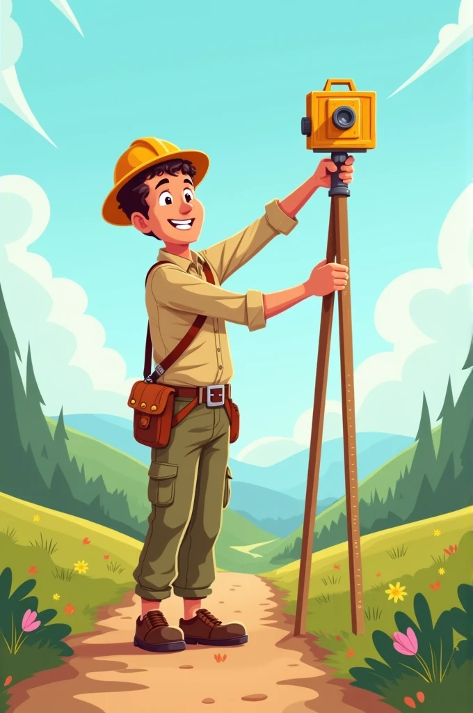 Cartoon of a land surveyor using a surveying pole.