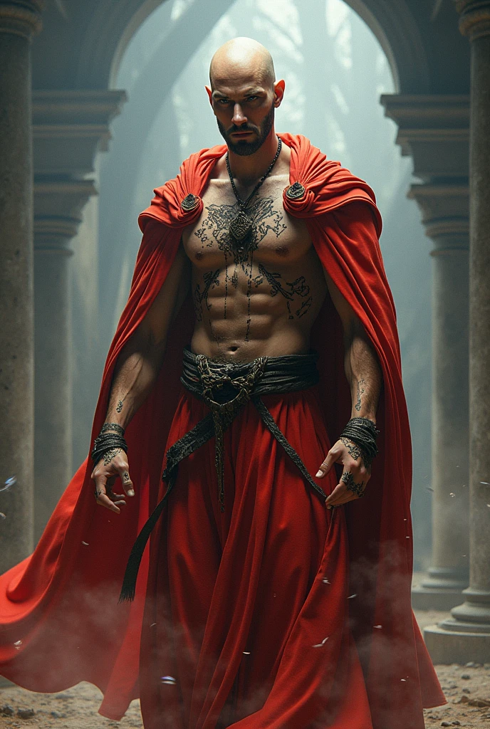 a bald human wizard creates and has no beard, with a red tunic and black marks on his body
