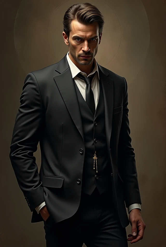 Lucas is a complex and conflicted character who defies conventional norms. He is a Mafia member and a religious believer, struggling to reconcile his two identities. He is known for his physical strength and reserved demeanor, and he finds solace in swimming. He is fluent in 12 languages, holds a Doctorate in Business Management, and has an authoritative and charismatic presence. He stands at two meters and 0.02 centimeters tall.black suit