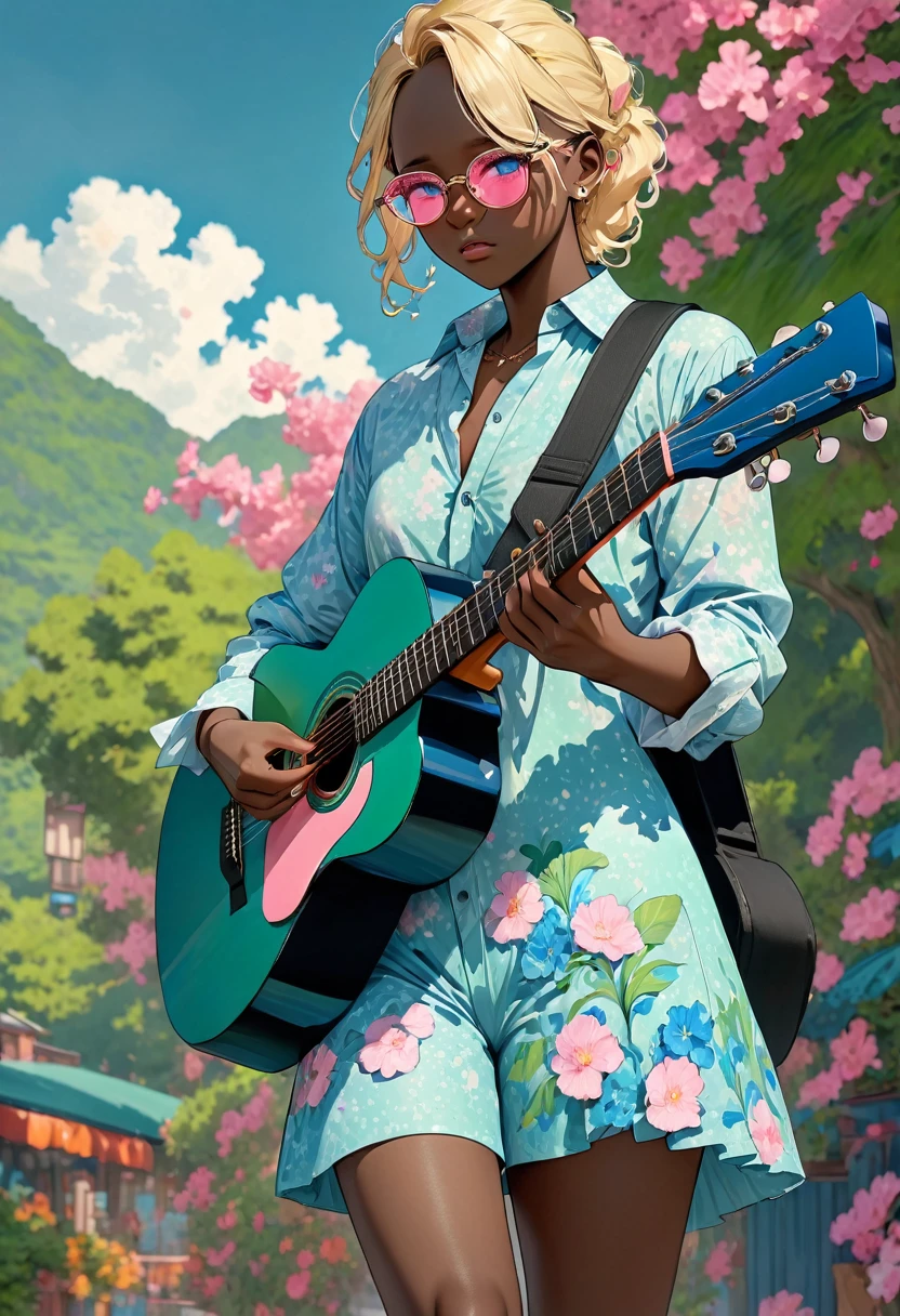 ((Artwork)), (8K), (Well detailed), (man), (alone), black skin with vitiligo, blonde hair combed to the sides, down-turned eyes, green iris color, straight nose with raised base, wearing pink lens glasses, wearing half-open blue dress shirt, wearing black shorts, wearing black sneakers, holding acoustic guitar case.