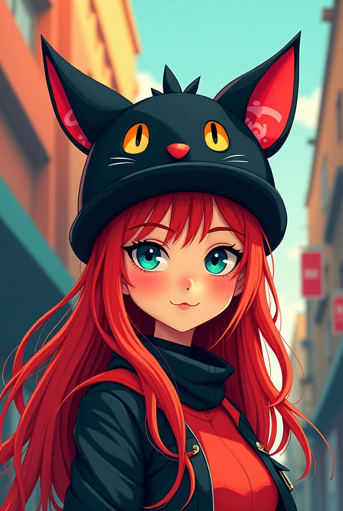 Graphic designer girl with long red and black hair, that has a hat in the shape of a cat animation