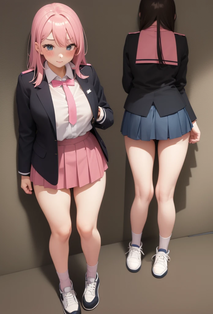 1 girl, in a school uniform, facing the front, lifting her skirt to show panties, blushed face, facial expression of shame, detailed pink panties.