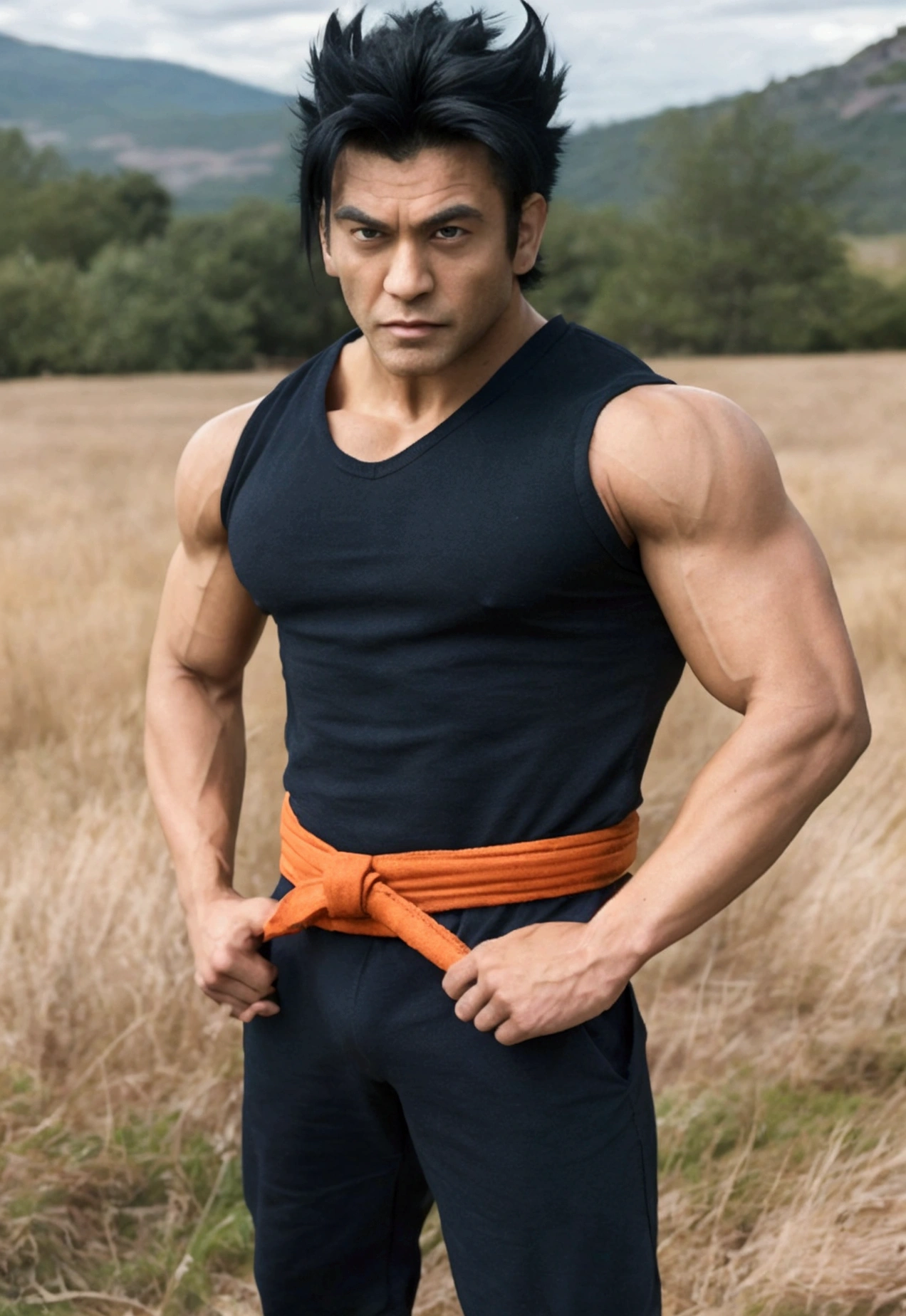 A hyper-realistic human version of Goku from Dragon Ball Z, depicted as a muscular man in his 30s with spiky black hair combed upward, similar to his iconic Super Saiyan look, but in a natural black color. His facial features are sharp with a strong jaw, expressive dark eyes, and a slight smile that exudes confidence and kindness. He is dressed in an orange martial arts gi with a blue undershirt and belt, showing signs of wear from intense training. His physique is well defined, highlighting his strength and agility. Goku is standing in a natural outdoor environment, such as a grass field with mountains in the background, reminiscent of the countryside. The image is captured in the style of an 80s photograph, with a slightly faded and warm-toned color palette, giving it a nostalgic feel.