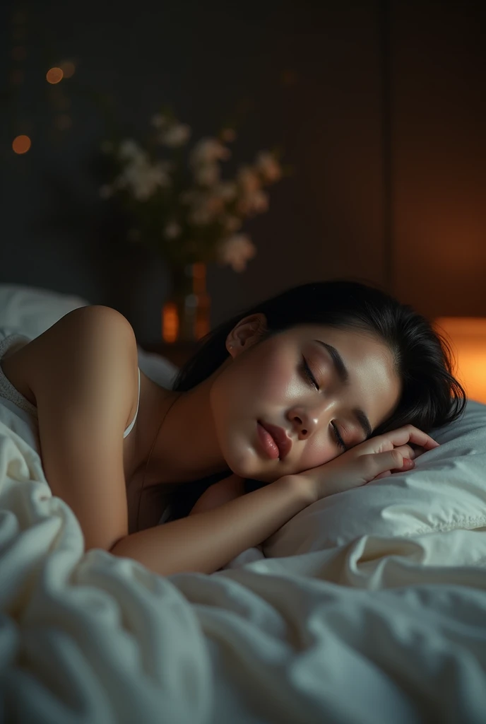 create a photo of a woman lying on the bed of 4