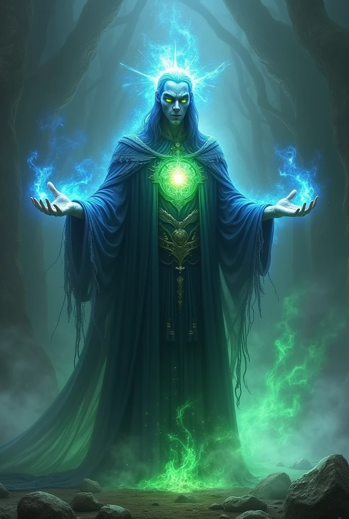 man in black ritual clothing, energy field outside the silver body, green body aura on the chest and blue on the head, fiery aspect in the eyes, Druid