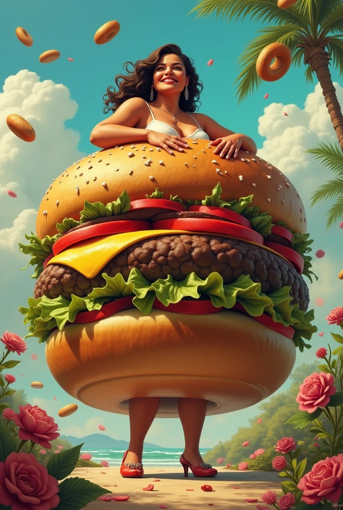 Naked fat Brazilian woman marrying a hamburger 