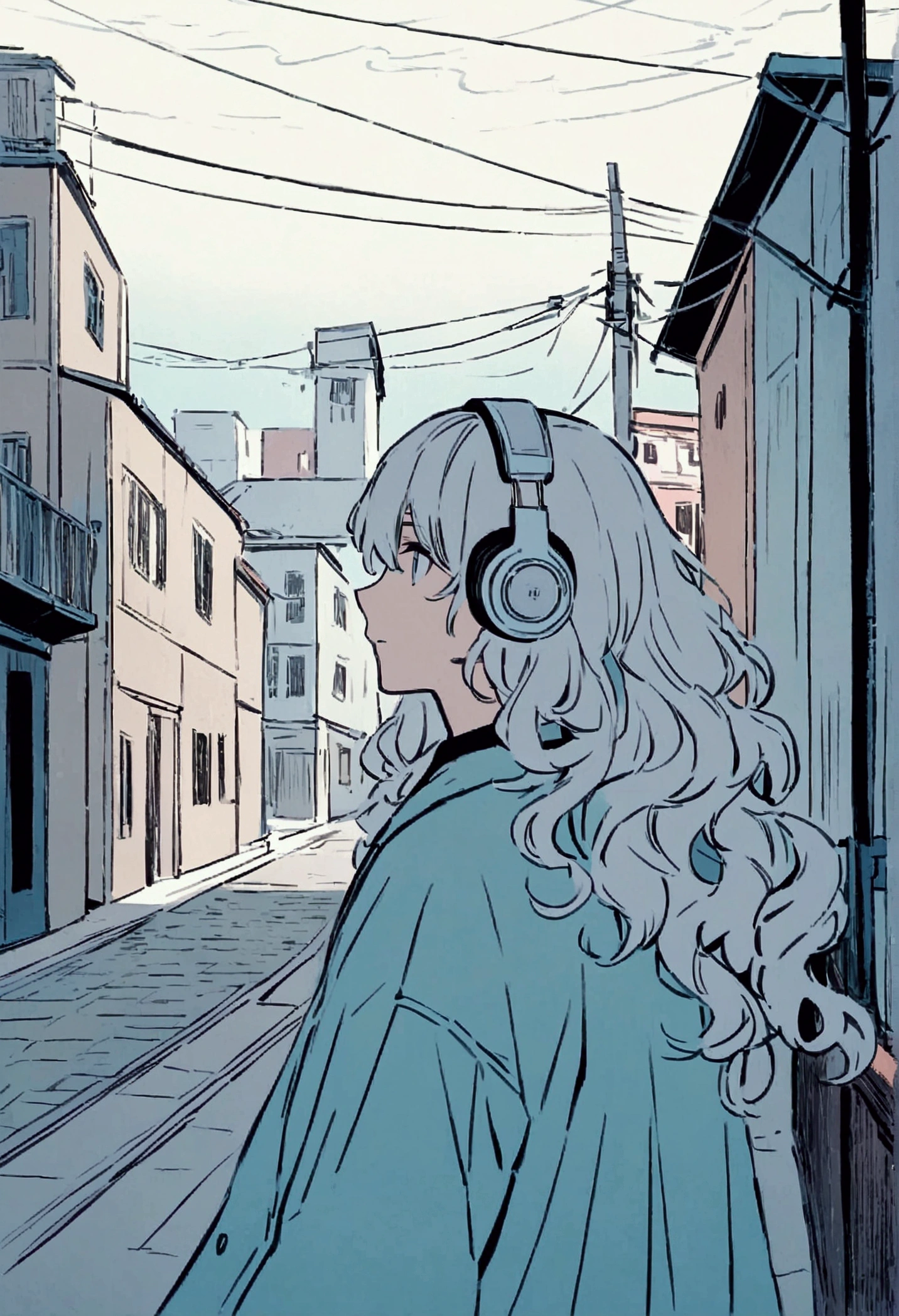 Anime style illustration of a boy sitting on a city bench. he長い間, She has light wavy hair and is wearing headphones. he、Dressed casually with a dark shirt and loose coat over his clothing。. In the background there is a street with buildings and utility poles., Beautifully drawn, With minimalist lines. The overall color scheme is soft and dark., Gives the image a calm and relaxing feel."