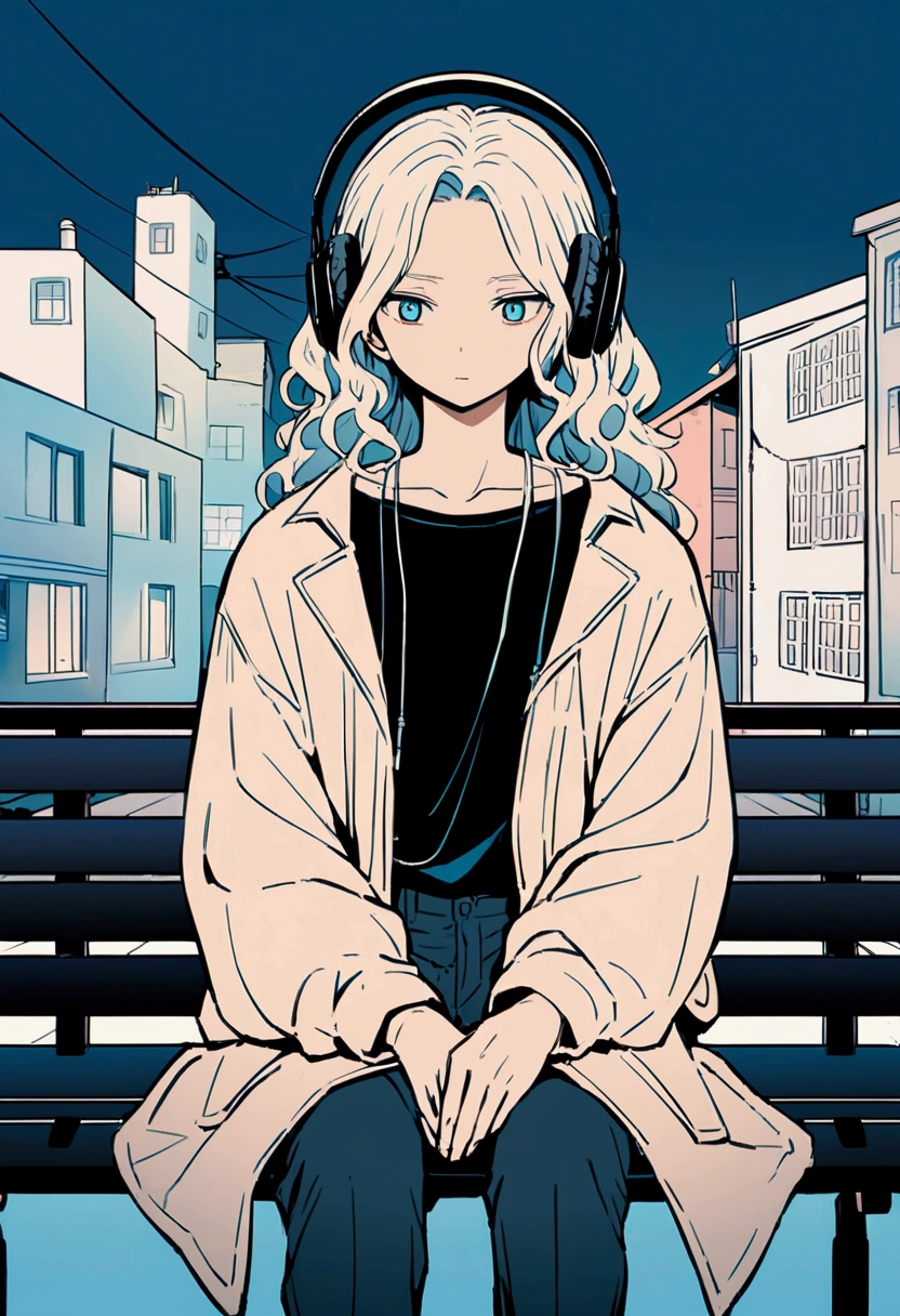Anime style illustration of a boy sitting on a city bench. he長い間, She has light wavy hair and is wearing headphones. he、Dressed casually with a dark shirt and loose coat over his clothing。. In the background there is a street with buildings and utility poles., Beautifully drawn, With minimalist lines. The overall color scheme is soft and dark., Gives the image a calm and relaxing feel."