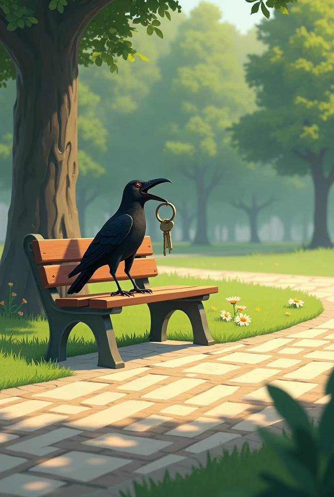 Park bench with a crow on it holding a ring of keys. Zigzag pattern on ground
