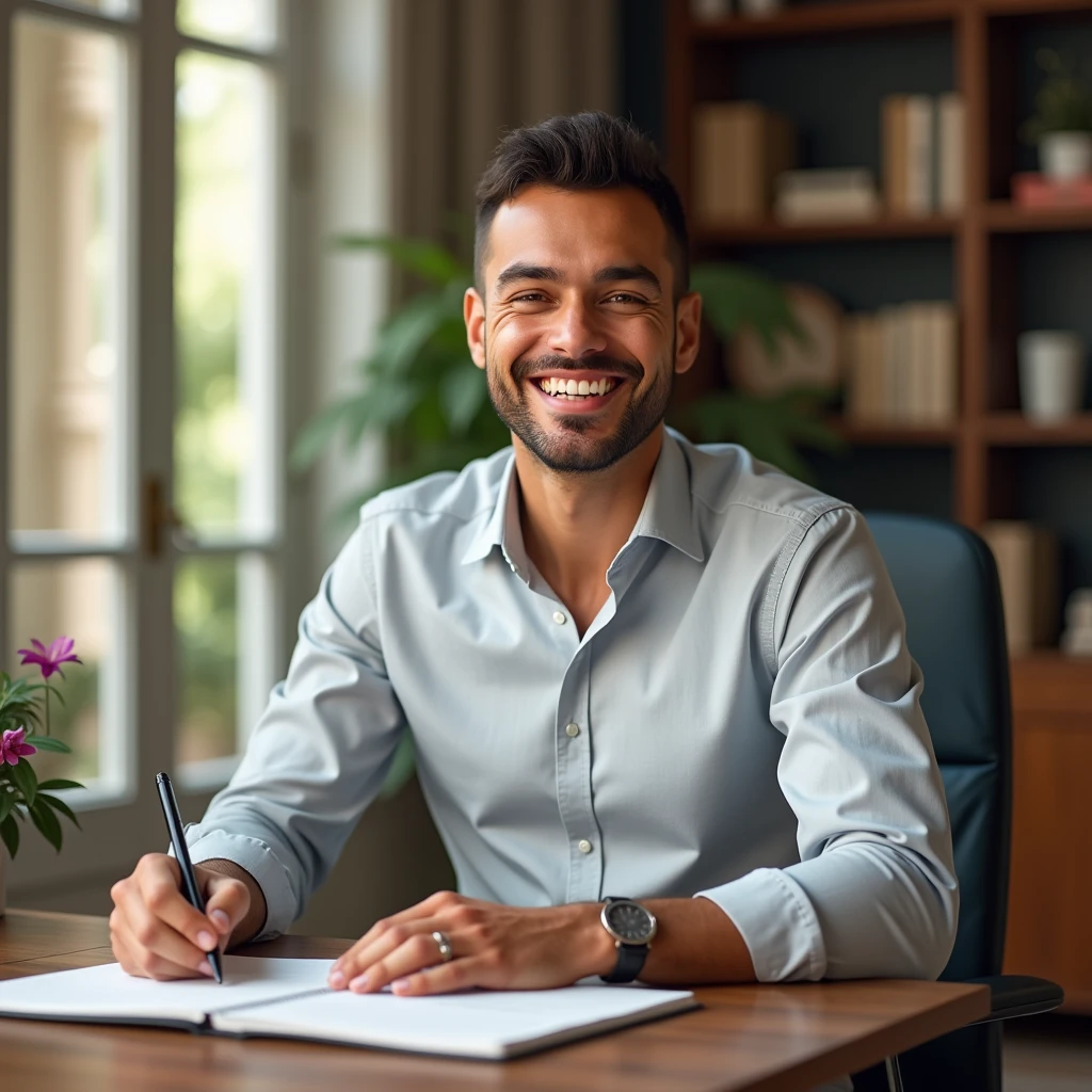 happy man, sitting in front of the notebook looking at the month's revenue, inside the room