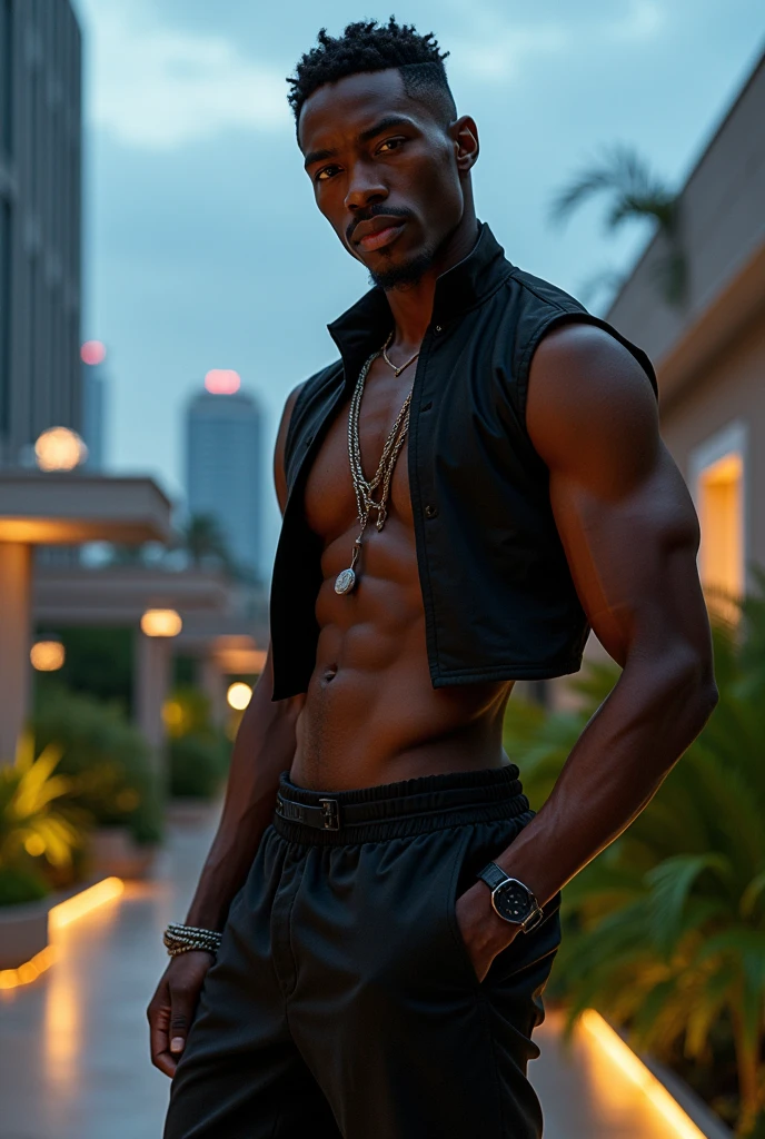 Create an avant-garde fashion scene featuring a male model with African descent, but with the features of David Gandy. The model is an athletic figure with a striking, masculine physique and a captivating presence, dressed in an experimental, artistic outfit that defies conventional fashion norms. The outfit should showcase bold, non-traditional materials and striking, asymmetrical designs. The setting is a futuristic urban rooftop garden at twilight, with sleek, illuminated sculptures and an expansive cityscape in the background. The environment blends modern architecture with lush greenery, featuring soft, ambient lighting that highlights the model's outfit and creates dramatic shadows.
The composition should capture the model's entire body, ensuring that he is fully visible within the 16x9 frame, from head to toe, emphasizing his powerful, elegant, and confident presence amidst this striking urban oasis.
Filmed on ARRI ALEXA 65, Bokeh, sharp focus on the subject, shot by Don McCullin. The atmosphere should exude a sense of artistic expression, with the model embodying the essence of avant-garde fashion—daring, bold, and cutting-edge.
Keywords: beauty, model, elegance, glamour, fashion, stunning, radiant, chic, graceful, confident, striking, flawless, alluring, photogenic, sophisticated, enchanting, captivating, charismatic, runway, editorial, beauty standards, artistic, style, aesthetic, personality, portrait, beauty photography, professional model, fashionista, trendsetter."