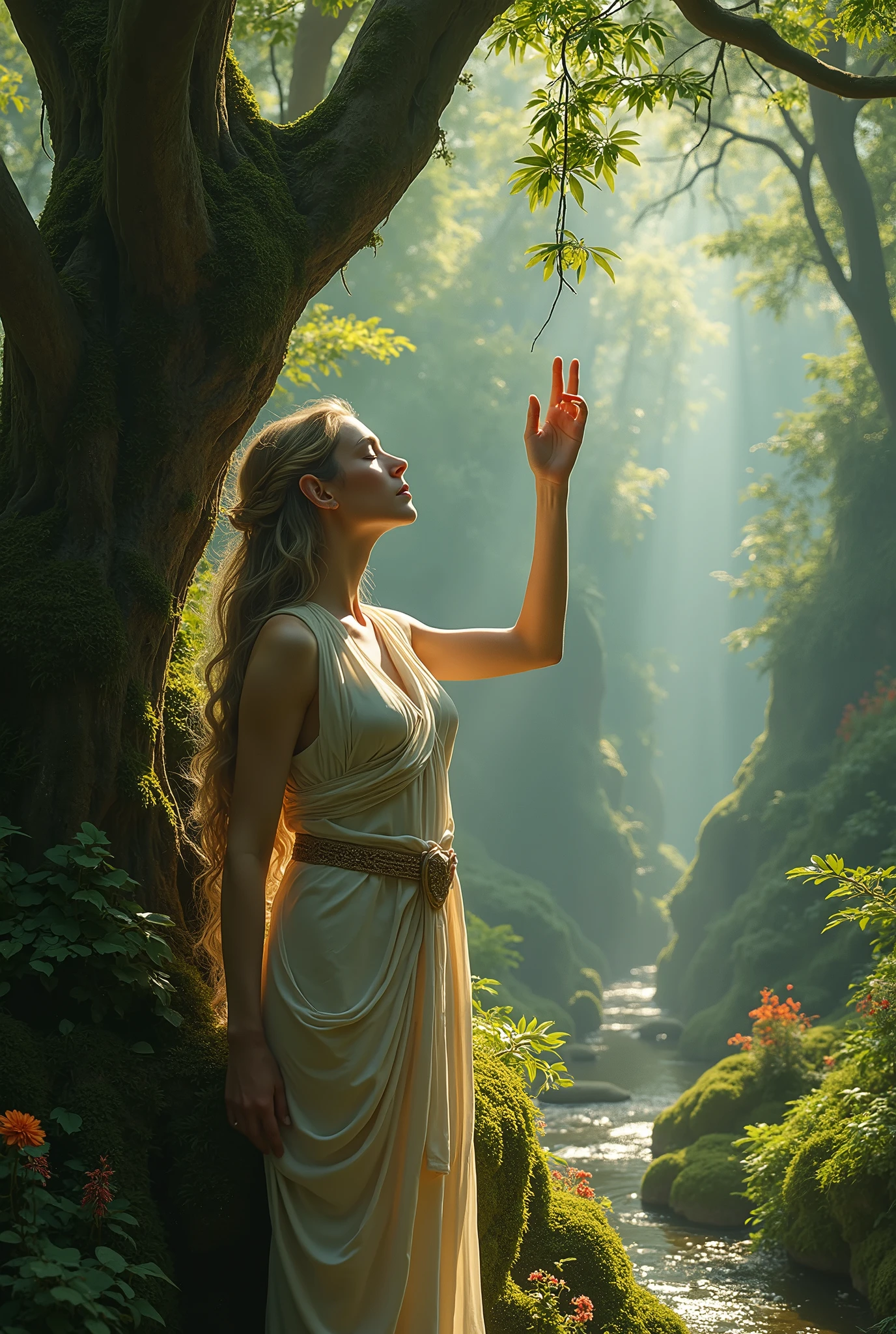 upper body close-up, stunning elf, highly detailed toga, pale skin. touching a tree, looking up.,garden of eden, tree of life, a lot of vegetation, flowers, bushes, rivers, rocks, leaves, sunny, rays of light passing through the leaves of the trees, , 4k photography. fujifilm