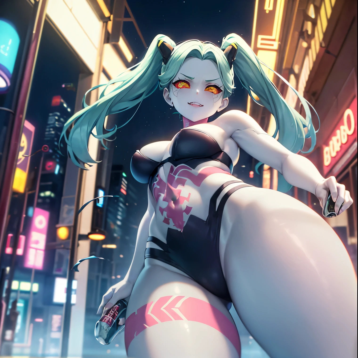 ((1girl)),((alone)),rebecca \(cyberpunk\),(masterpiece), (best quality), (ultra detailed), (best illustration), (best shadow), (absurdities), sharp focus , cowboy shot, atmospheric perspective, depth of field, dynamic posture, ((looking at viewer)), small breasts, narrow waist, wide hips, medium thighs, round butt, erotic, romantic, (highly detailed eyes, lips 1.1) , very detailed eyes, eyes, Very detailed face, Very beautiful face, Symmetrical face, Aesthetic face, perfect face, perfect eyes, detailed eyelashes: 1.5), full height, beautiful slim figure, femininity, expressive appearance, elastic small breasts, sexuality ,parted lips,twin tail, headband, mechanical eye, colored sclera, red sclera, colored skin, white skin, tattoo on leg, tattoo on neck, aqua green hair, long hair, underwear, lingerie black:1.4, black pantyhose:1.3, fangs, red pupils, yellow iris, fur fangs, red eyes, bare arms, bare waist, navel, bare legs, holding pink gun, curves, defined body, perfect and beautiful body, perfect and beautiful, closed mouth, mocking smile, mocking grimace,(sexy pose: 1.2), ((solo)), standing: 1.3,((interior, futuristic apartment, discarded clothes, garbage on the floor, beer cans, bed, window, cybeppunk landscape, cityscape, cybeppunk city, neon lights, night, city lights)), Looking forward, ((centered on thighs: 1.4)), point of view: (from below), perfect anatomy , perfect hands