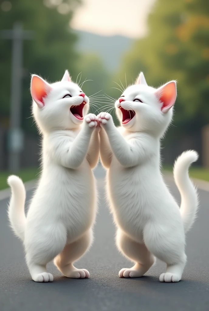 Two white cats laughing and standing on the road behind
