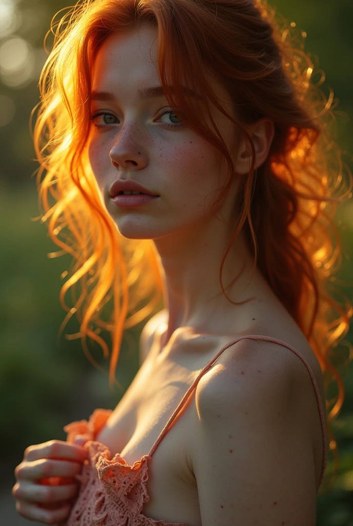 (dynamic angle:1.1),outdoors, ginger hair, photo of skinny 20yo girl, freckles, sad, soft, masterpiece, volumetric light, best quality, complimentary colors, dramatic lighting, intricate details, subsurface scattering, topless, small tits, holding her boob