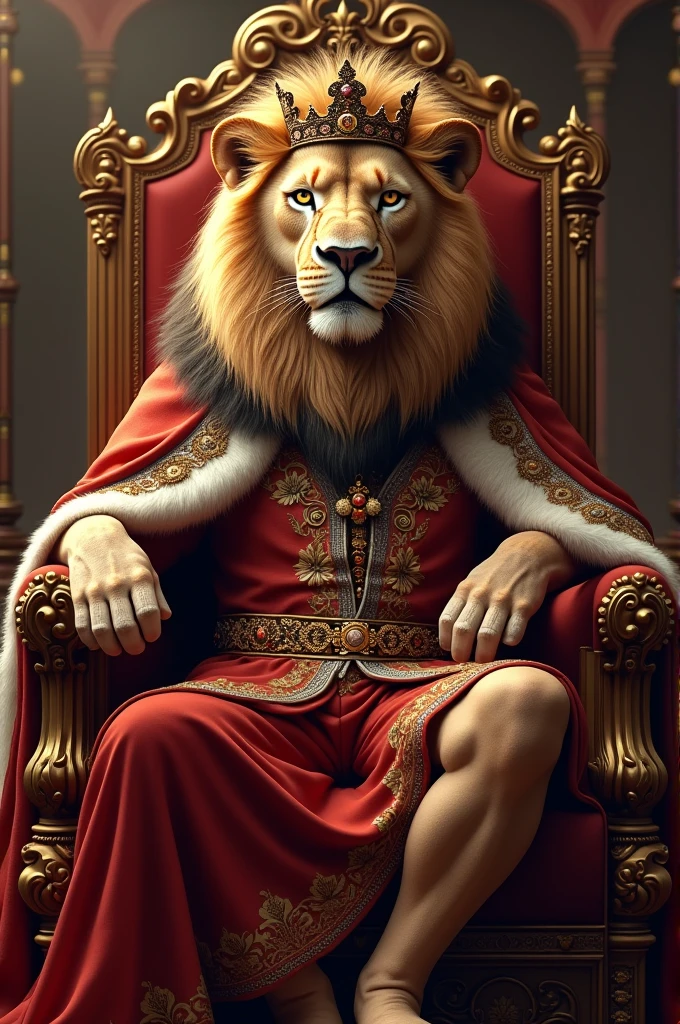 Lion with king costume and sitting theone