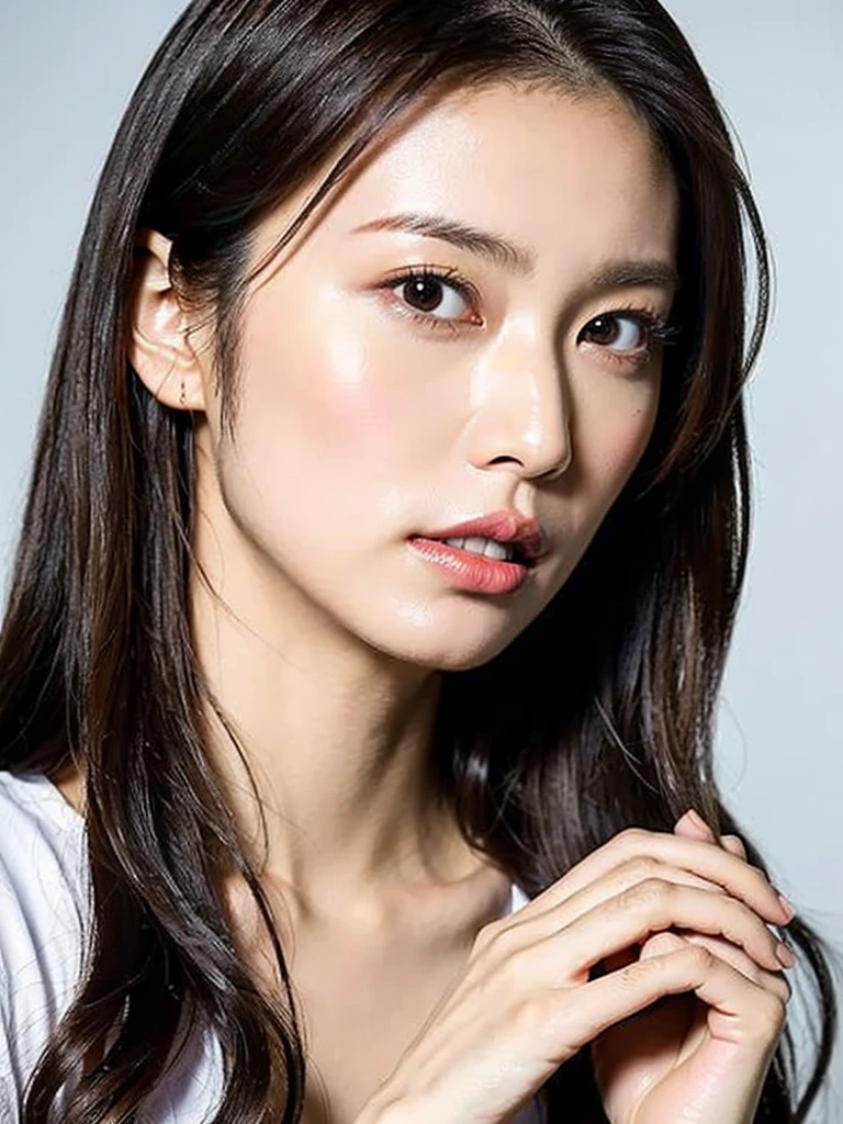 RAW Photos, Highest quality), (Realistic, Actual Photos:1.3), Tabletop, Very delicate and beautiful, Soft Light, (Brown Hair, straight, Her shoulder-length hair flutters in the wind.), Beautiful with details, (Finger details), Highly detailed eyes and face, Beautiful nose detail., Beautiful and good eyes, 1 female, Japan, Pure beauty, cute, Embarrassed expression、 (Dress shirt), (Half Body:1.3), (Medium Bust), Realistic face, Realistic body,