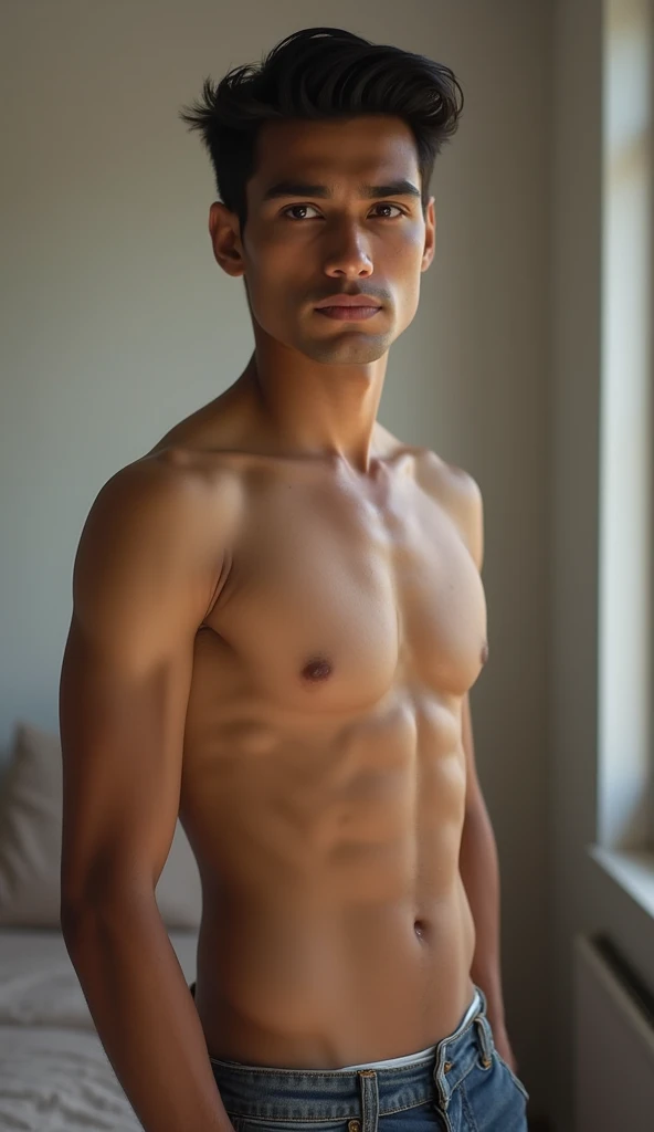 Create an hyper realistic full image of 20 year old good looking white skin full indian boy with proper light condition
