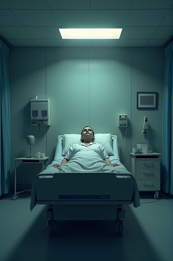 A doctor resting on a bed in a hospital room
The room is quite big, the atmosphere is a bit dark