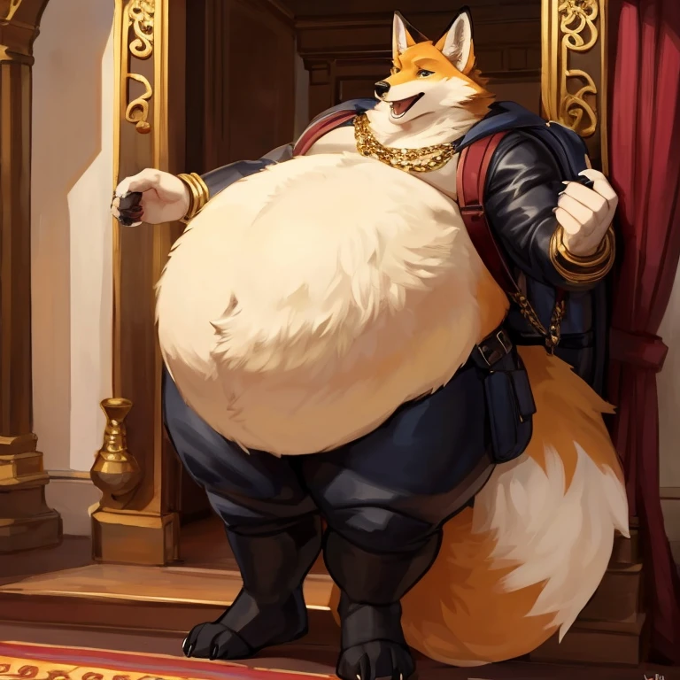 4k ultra quality, 4k full body view,ultra high detailed body,foxtauro, detailed body, (ultra detailed belly), white fur on belly,big belly, ((Taurus round belly)), huge taurus belly, huge taurus body, bulk,a mystery fox61, by the shiny trap boy, By bebebebebe,by mastresdee, by seibear,(thick thigh),(chubby thigh),THICC Thigh,thick legs,chubby legs,thick legs,huge butt,huge thigh,massive thigh,massive legs,(detailed thigh),(wide thigh),thick butt,fluffy belly,hairy belly,Sharp nails,((SFW)),(Ultra detailed face),Ultra detailed eyes,beautiful face,green eyes,(golden fur),open mouth,big tail,fluffy tail,(detailed tail),huge tail,Front view,biggest tail,huge tail,real estate bull,huge thigh,fluffy legs,Detailed legs,thick legs,chubby legs,huge legs,Big paws,(black legs),bare legs,ornate belts,ornate necklace,golden bracelet,leather belts,multiple belts,ultra big bulk,huge bulk, saddlebags,ornate chair,Carrying bag,big backpack