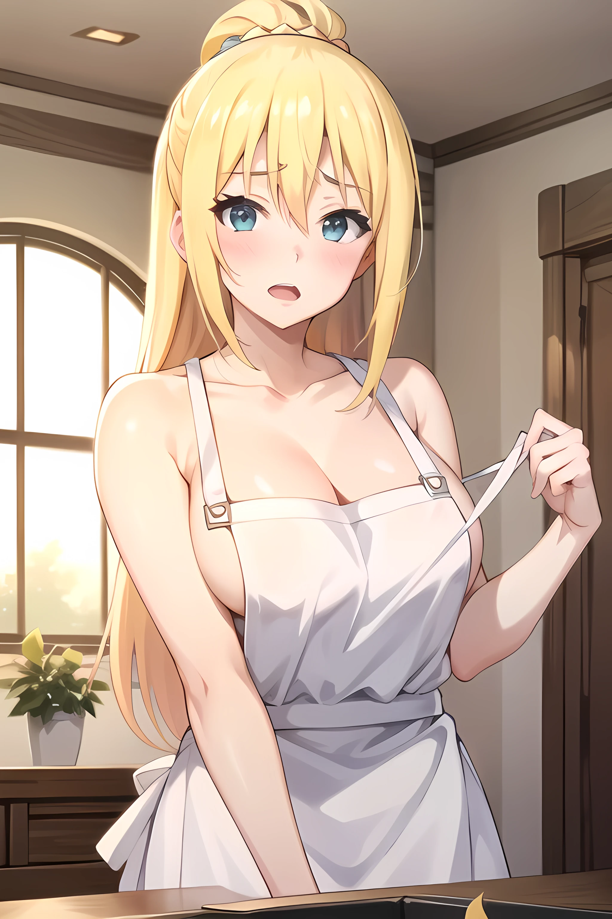 tall body, tall, long legs, mature female, mature, adult, EFT_Konsuba_Darkness, 1girl, darkness (konosuba), breasts, blush, long hair, solo, blonde hair, large breasts, open mouth, looking at viewer, collarbone, indoors, upper body, anime coloring, hair between eyes, aqua (konosuba), window, blue eyes, bangs, naked, apron, white apron,