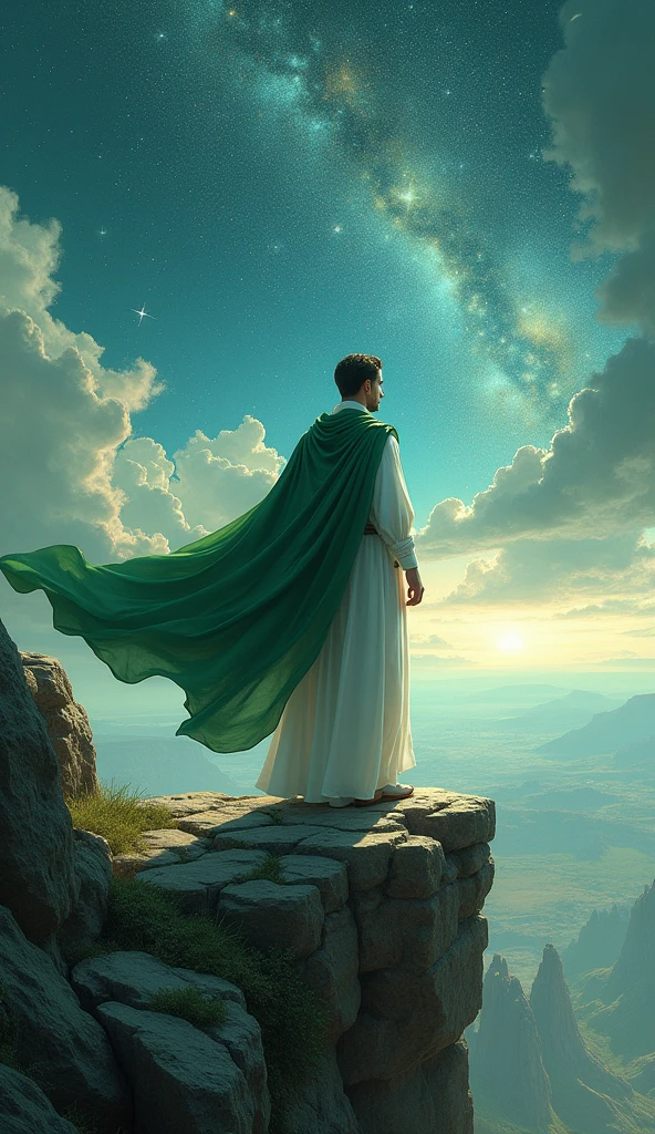 The image shows a man standing on a rocky cliff overlooking a vast landscape. The man is wearing a long white robe with a green cloak draped over their shoulders. The cloak is flowing in the wind, creating a sense of movement and energy. The sky is filled with stars and the horizon is visible in the distance. The overall mood of the image is mystical and awe-inspiring.