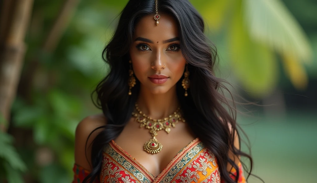 a woman in a sari posing for a photo, Indian goddess, traditional beauty, Indian, gorgeous goddess, ornate cosplay, Indian style, Indian super model, beautiful maiden, beautiful woman, Southeast Asia with long, Indian provocativoo, linda beautiful woman, complex outfit, hindu aesthetics, beautiful asian girl, extremely detailed goddess photo, jaw dropping beauty, large, deep neckline sexy navel, large, deep neckline, sexy Indian women, huge in sexy full body fusion bikni, beach background. Couples sandals for the forehead.