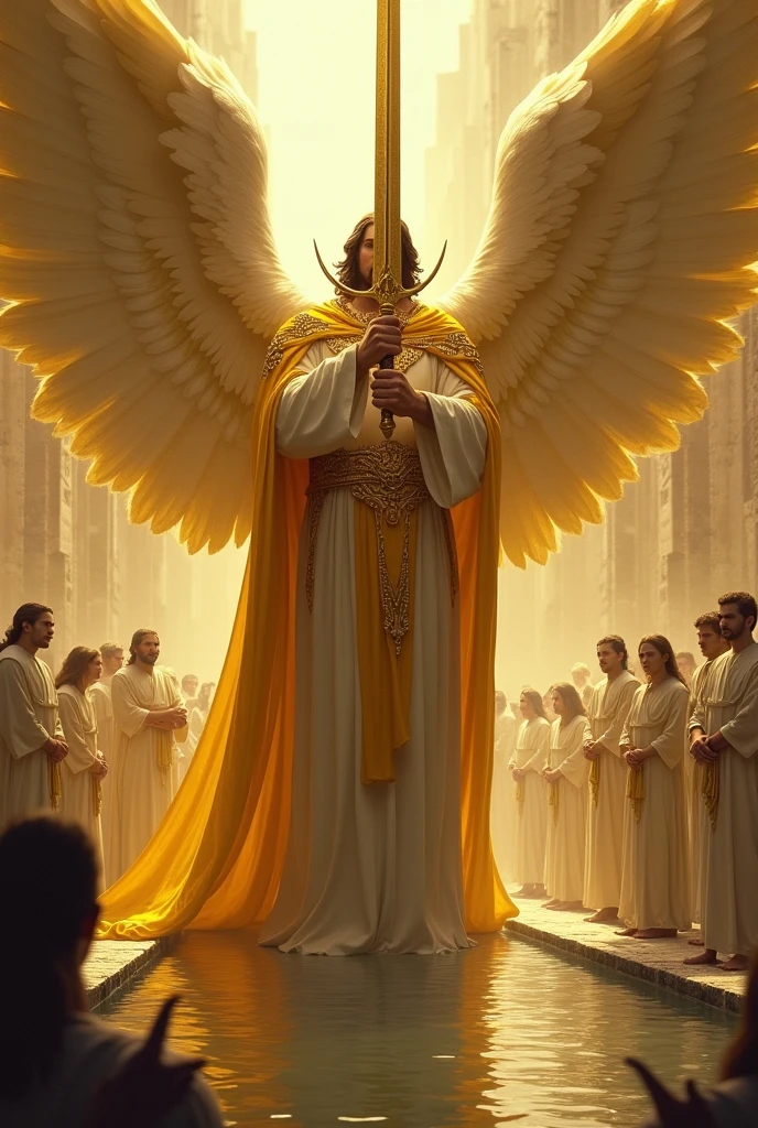 Giant male angel with golden robe and a giant golden raised sword in his hand and the angel raises the sword above his head the angel is standing next to a stone pool of water ,Behind the angel there is a crowd of people, men and women smiling, dressed in white, and to one side there are demons who cannot pass by in fear of the angel.