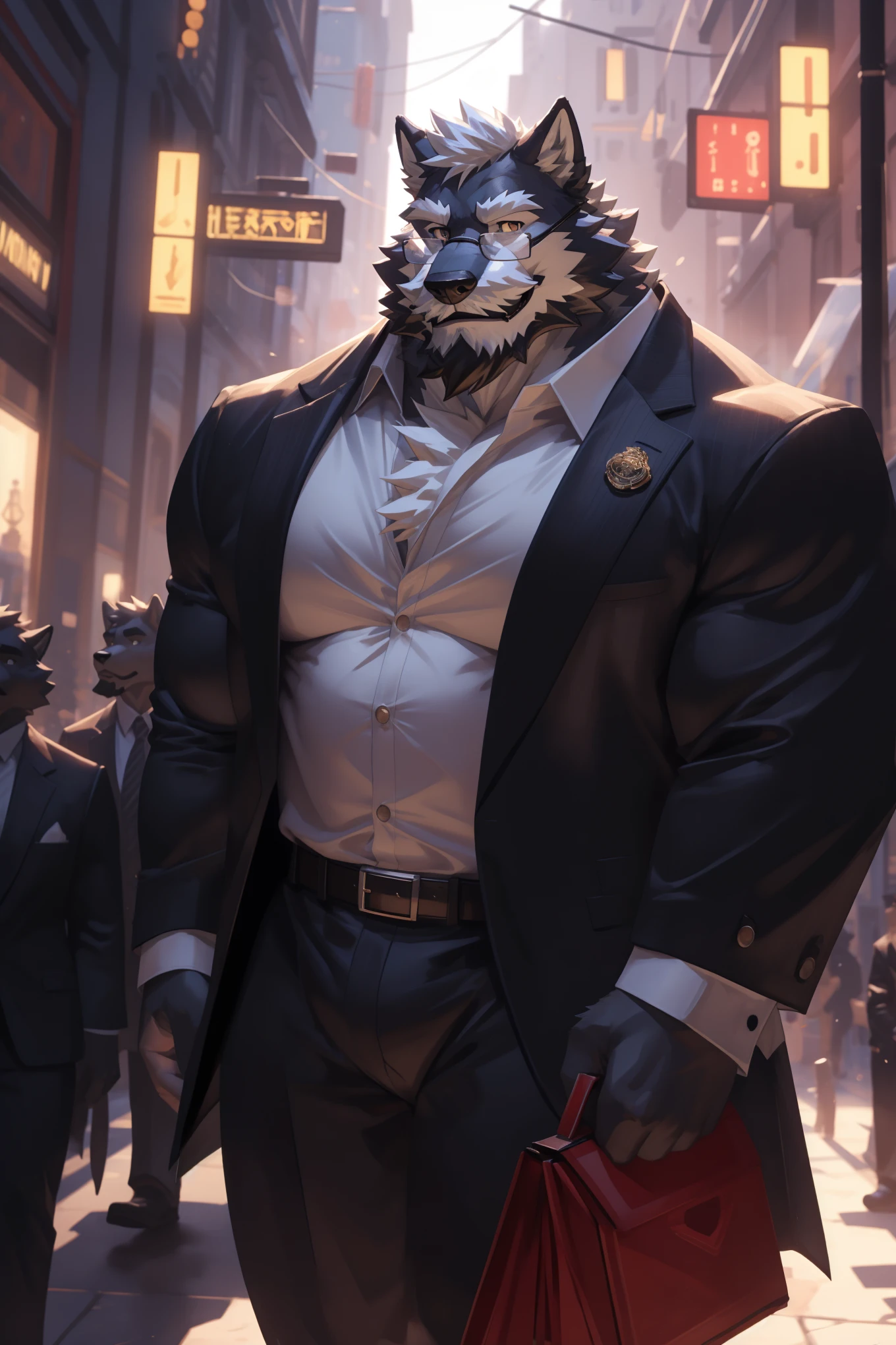 1boy, 1man, solo,  (furry wolf), (face, detailed face, bearded, white beard, thick mustache), (glasses), city, extremely huge muscular, massive muscular , sixpack , (suits), well-muscled old man. ((extremely muscle size, super thick arms, huge pec, hyper pec, bigger chest, extremely wide pectoral , huge arms)), wide smiling. Add textures and details to make the image more realistic, such as the appearance of the. Make sure the resulting image is high resolution, 8K quality