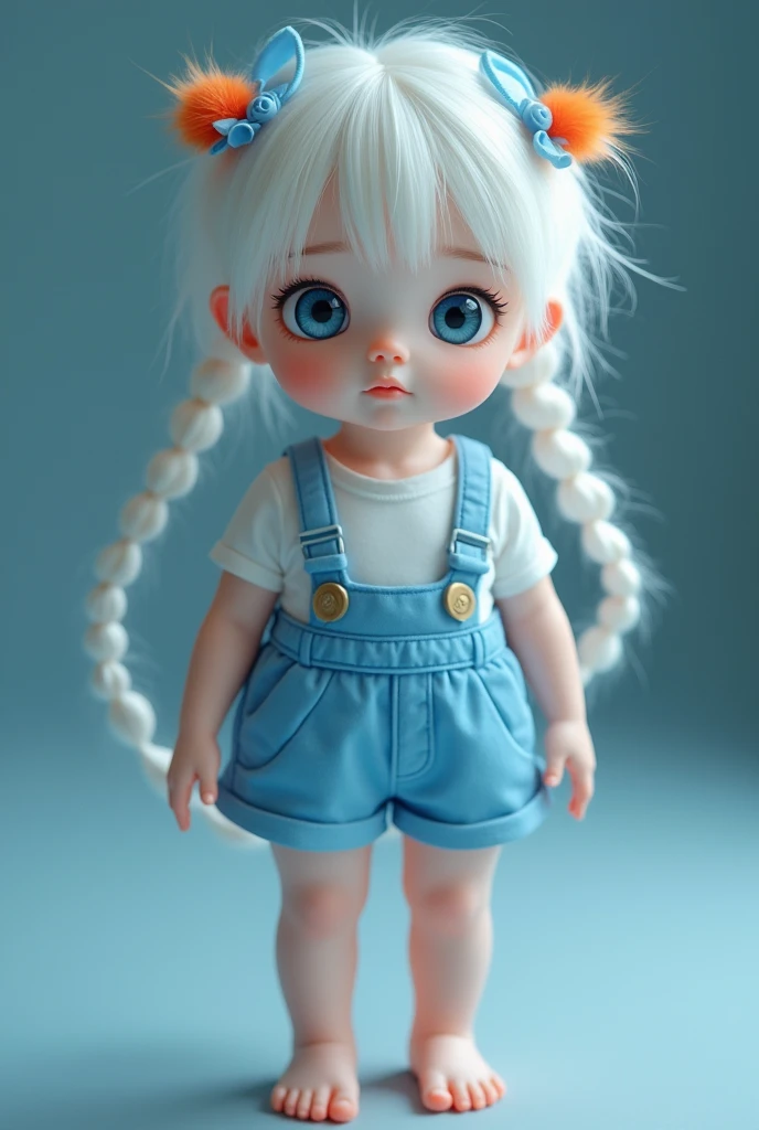 1 girl, orange pigtails, white hair, pale skin, light blue hair accessory, blue suspenders, blue clothes, light blue eyes, barefoot, double braids, best quality, 4k, 8k, highres, masterpiece:1.2, ultra-detailed, realistic, photorealistic, photo-realistic:1.37, HDR, UHD, studio lighting, ultra-fine painting, sharp focus, physically-based rendering, extreme detail description, professional, vivid colors, bokeh, anime, blue color tone, soft lighting