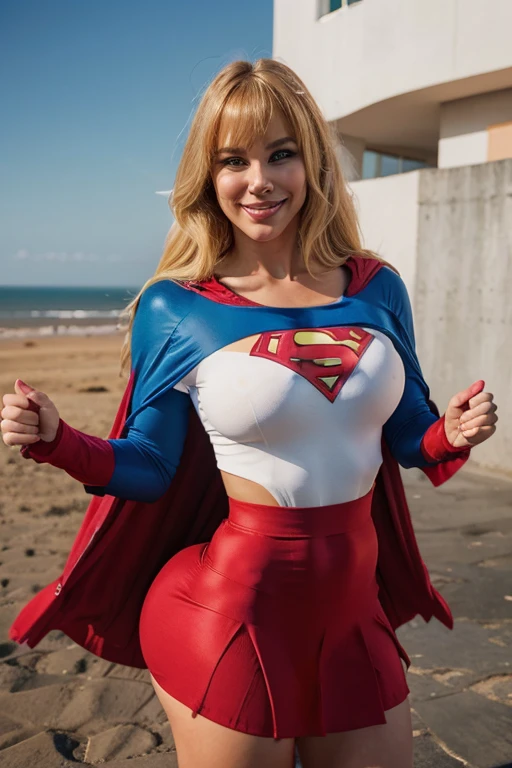 A fat woman, de corpo inteiro, is standing wearing a Supergirl costume. She has blonde hair with bangs, that fall softly around your face. The costume consists of a vibrant blue dress with the iconic "S" vermelho no peito, and a skirt that extends to your thighs. She wears a red cape that moves gracefully when she moves.. The costume fits your body well, highlighting your curves in an elegant and heroic way. She is in a confident and empowered posture, radiating a sense of strength and determination, while her smile and posture show that she is having a lot of fun with her outfit