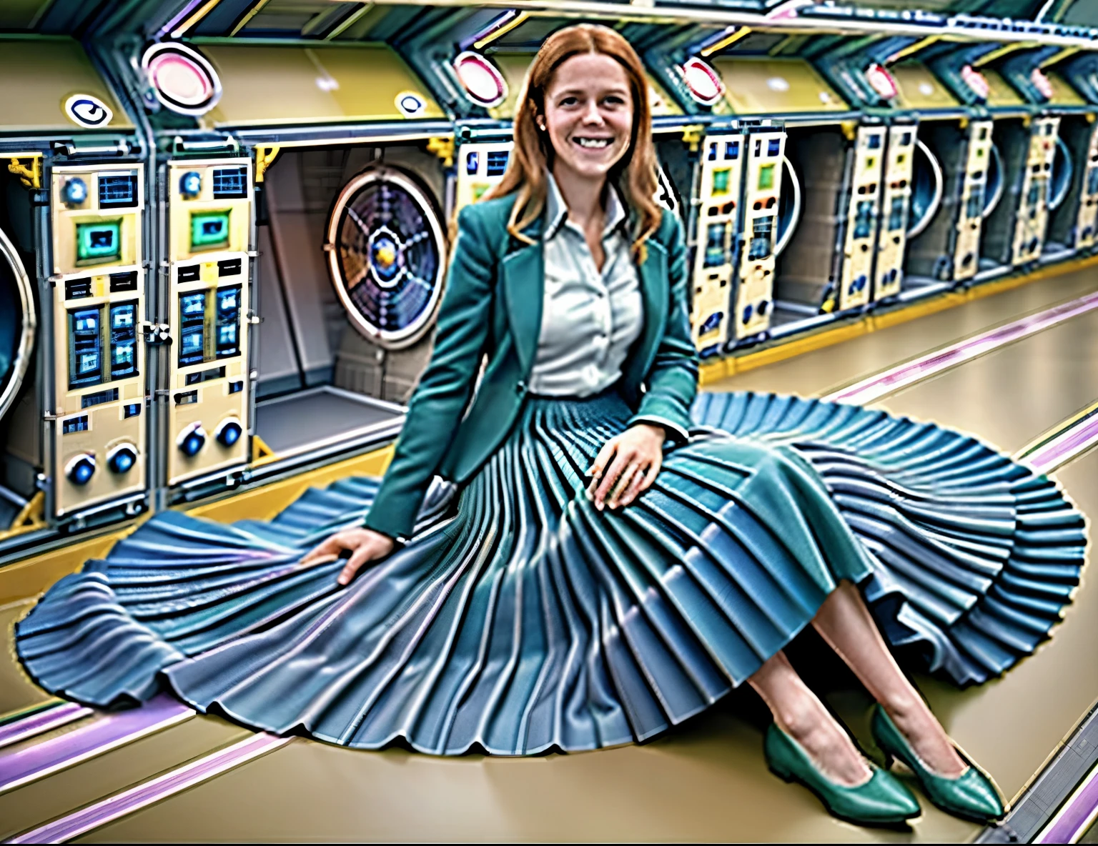 85mm photograph of a Shy, demure, smiling, Compassionate, kind, empathic, long haired, beautiful and attractive woman, Sapphic Space Lesbian Sarah Ferguson is smoothing her skirt, fixing spaceships, exploring space, investigating anomalies, doing scientific R&D, attending council meetings, conducting espionage, conducting archeological excavations, investigating astral rifts, wearing her (long pleated full circle skirt), uniform jacket and (woman's low heel office shoes), (pronounced (feminine) features), (very windy), skirt is flowing wildly in the wind, lesbian space station, sci-fi, skirts in space, loves women wearing skirts, wants to kiss girls, adores skirts, women wearing skirts, empathy, compassion, romance and love, (pronounced (girly) features), (highly detailed ultra accurate realistic) hands and fingers, (windy), epic composition, highly detailed attributes, (35mm f1.4 Kodak portra 400 photograph), extremely high quality RAW photograph, highly detailed atmosphere, sci-fi, cinematic shot, dynamic lighting, 75mm, Technicolor, Panavision, cinemascope, sharp focus, fine details, 8k, HDR, realism, realistic, key visual, film still, superb cinematic color grading, depth of field