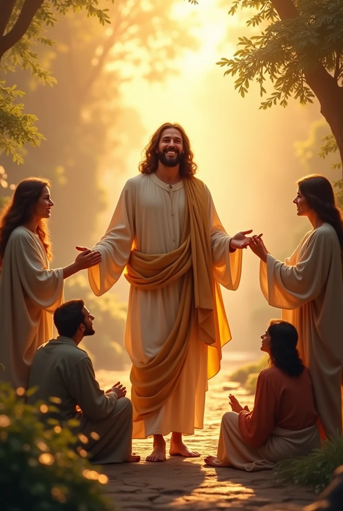 "Create a warm and uplifting image of Jesus joyfully caring for people in heaven. Depict Jesus with a radiant, loving expression, surrounded by a serene and heavenly environment. Show Him interacting with individuals in a gentle, nurturing manner, perhaps by comforting them, offering guidance, or sharing moments of joy. The setting should feature a beautiful, ethereal landscape with soft, heavenly light and serene colors, such as lush gardens, gentle streams, or peaceful, glowing skies. Include subtle elements like angelic figures or divine light to enhance the celestial atmosphere. Use warm, inviting colors and soft, radiant lighting to convey Jesus's happiness and the loving care He provides in this eternal paradise."