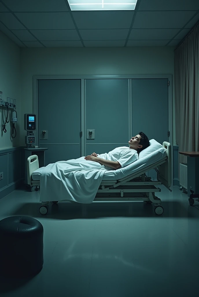 A doctor resting on a bed in a hospital room
The room is quite big, the atmosphere is a bit dark