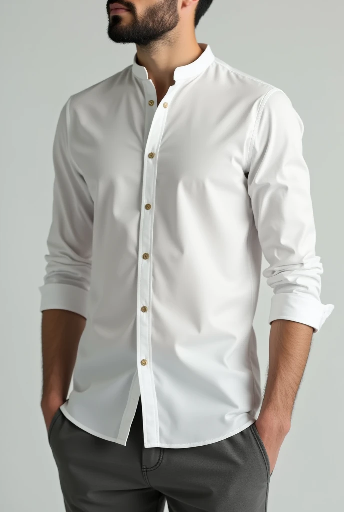 A white men&#39;s shirt with a Neru-style collar with snap-button closures, three quarter sleeve in 3d model at a side angle 