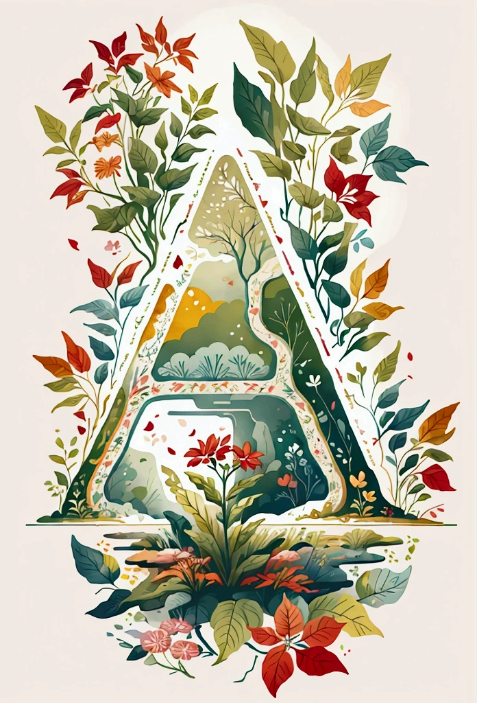 A nature scene, colorful petals and leaves all over the place, cross-stitch pattern, flat sticker design, minimalistic. logo style