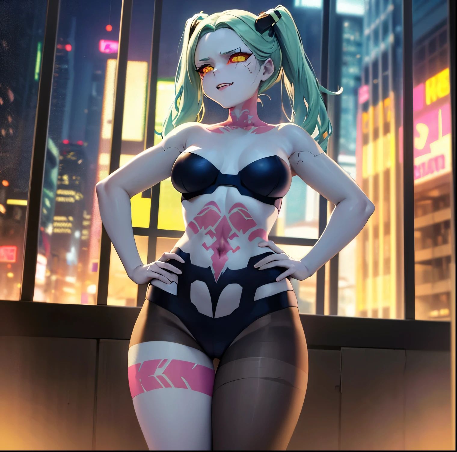 ((1girl)),((alone)),rebecca \(cyberpunk\),(masterpiece), (best quality), (ultra detailed), (best illustration), (best shadow), (absurdities), sharp focus , cowboy shot, atmospheric perspective, depth of field, dynamic posture, ((looking at viewer)), small breasts, narrow waist, wide hips, medium thighs, round butt, erotic, romantic, (highly detailed eyes, lips 1.1) , very detailed eyes, eyes, Very detailed face, Very beautiful face, Symmetrical face, Aesthetic face, perfect face, perfect eyes, detailed eyelashes: 1.5), full height, beautiful slim figure, femininity, expressive appearance, elastic small breasts, sexuality ,parted lips,twin tail, headband, mechanical eye, colored sclera, red sclera, colored skin, white skin, tattoo on leg, tattoo on neck, aqua green hair, long hair, underwear, ((lingerie black:1.4)),(( black pantyhose:1.3)), fangs, red pupils, yellow iris, fur fangs, red eyes, bare arms, bare waist, navel, bare legs, holding pink gun, curves, defined body, perfect and beautiful body, perfect and beautiful, closed mouth, mocking smile, mocking grimace,(sexy pose: 1.2), ((solo)), standing: 1.3,((interior, futuristic apartment, discarded clothes, garbage on the floor, beer cans, bed, window, cybeppunk landscape, cityscape, cybeppunk city, neon lights, night, city lights)), Looking forward, ((centered on hips: 1.4)), point of view: (from below), perfect anatomy , perfect hands