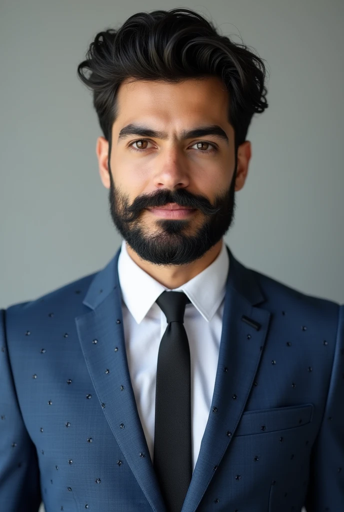 A young man with a black beard,wearing blue suit,black tine dots on the suit,a white shirt and Black tie