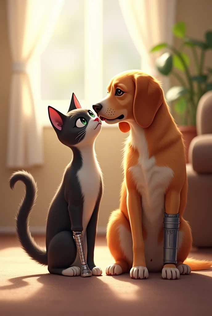 Cat with a prosthesis and a dog with a splint