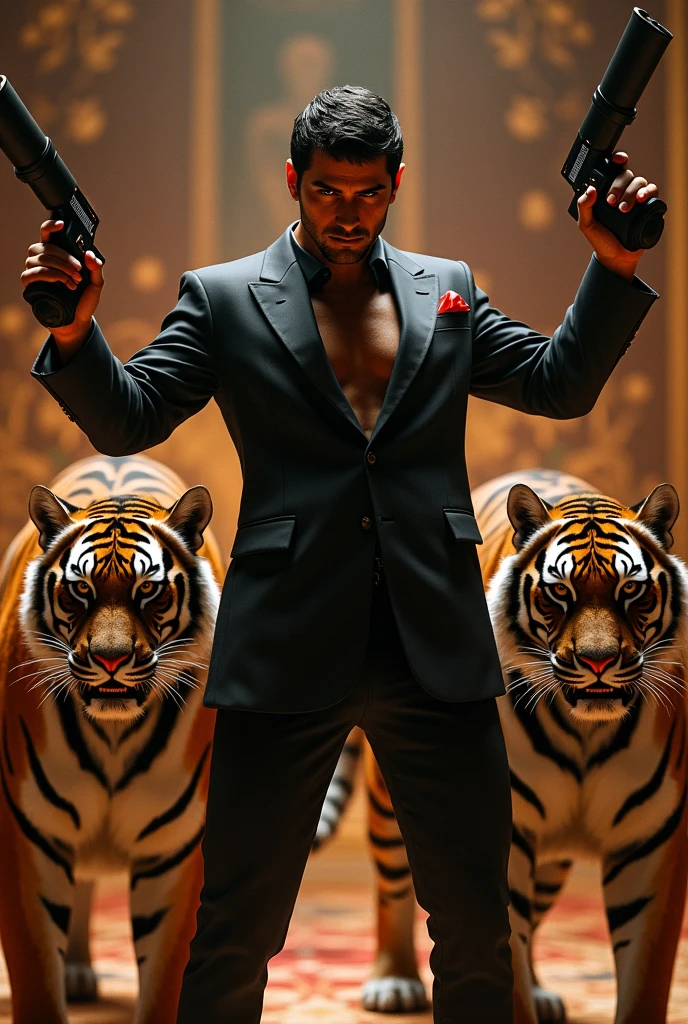 Tony Montana Scarface with tigers and weapons with grenade launchers in both hands