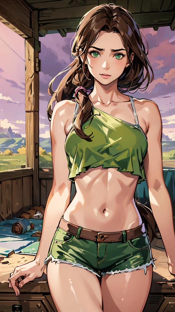 (Best Quality:1.4),masterpiece,ultra detailed,delicate features,delicate skin,Realism,beautiful lighting,cowboy shot,1 girl,Brown hair, Horse tail,green eyes ,puppet, big , by the wide,tanned skin, broken pink top, ripped shorts, wilderness, Laura Croft