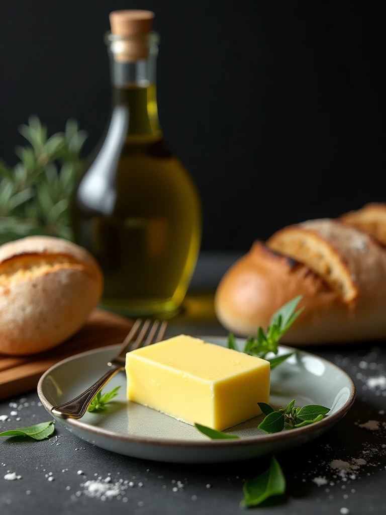 There was a small plate of butter on the table，A couple of loaves of bread, A bottle of olive oil， fork，Garnish with a little green leaves，high quality food photography, styled food photography, food styling, professional food photography, close up food photography, Food photography, Ingredients on the table, food commercial 4 k，Dark still life photography，