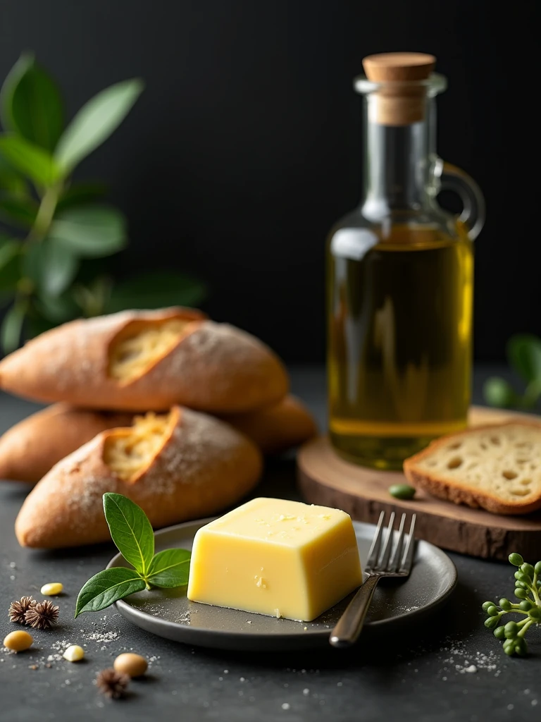 There was a small plate of butter on the table，A couple of loaves of bread, A bottle of olive oil， fork，Garnish with a little green leaves，high quality food photography, styled food photography, food styling, professional food photography, close up food photography, Food photography, Ingredients on the table, food commercial 4 k，Dark still life photography，