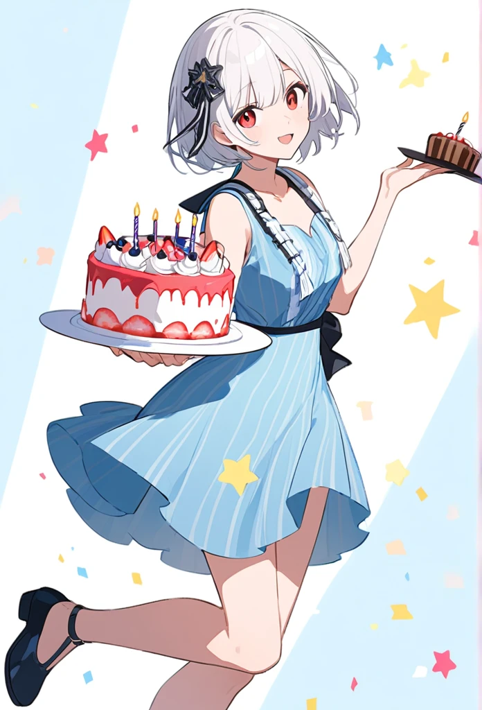 White short hair. Red eyes. Holding a cake with stars. summer. flapper. birthday. Now. Blue dress with black check. shoes. Artist. Simple Background
