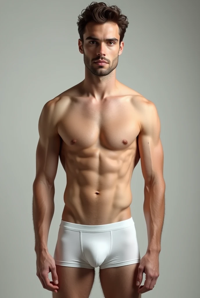 Accurate shot, a man in white boxer briefs without much bulge on his penis, with black eyes, chestnut hair, Average complexion, a sculpted chin and an upturned nose, full-body from head to toe 